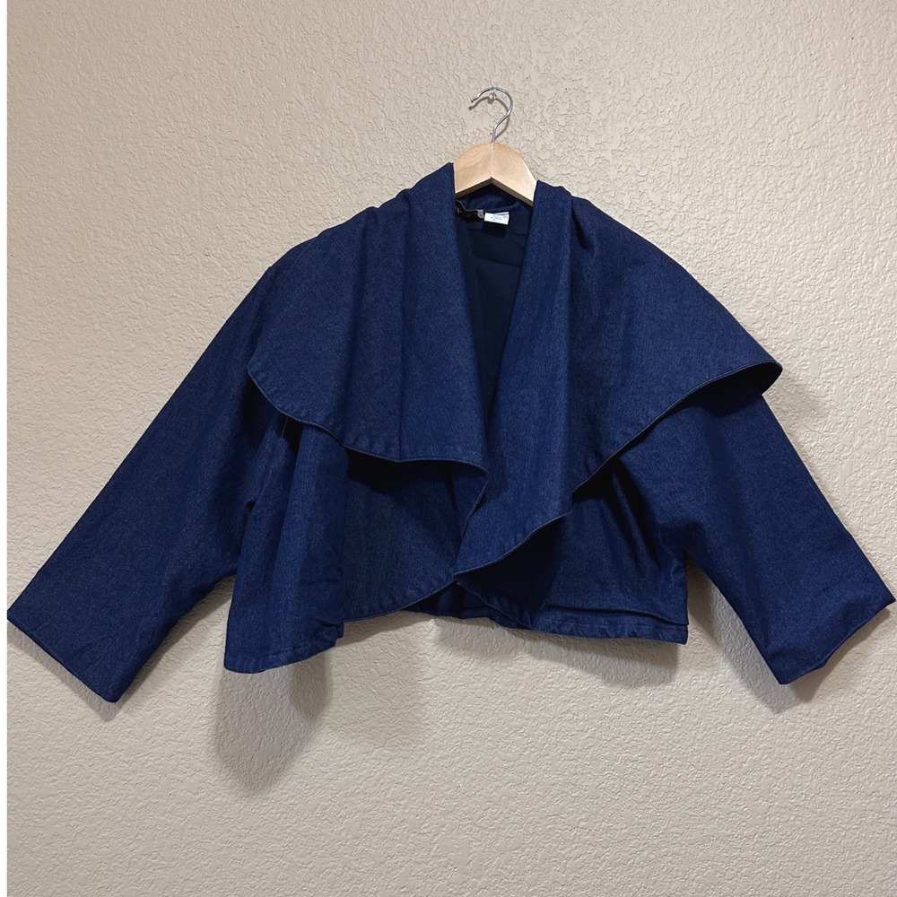 Gold Lava 14 Vintage Cropped Denim Jacket Blue Shawl Collar Open Front Bolero